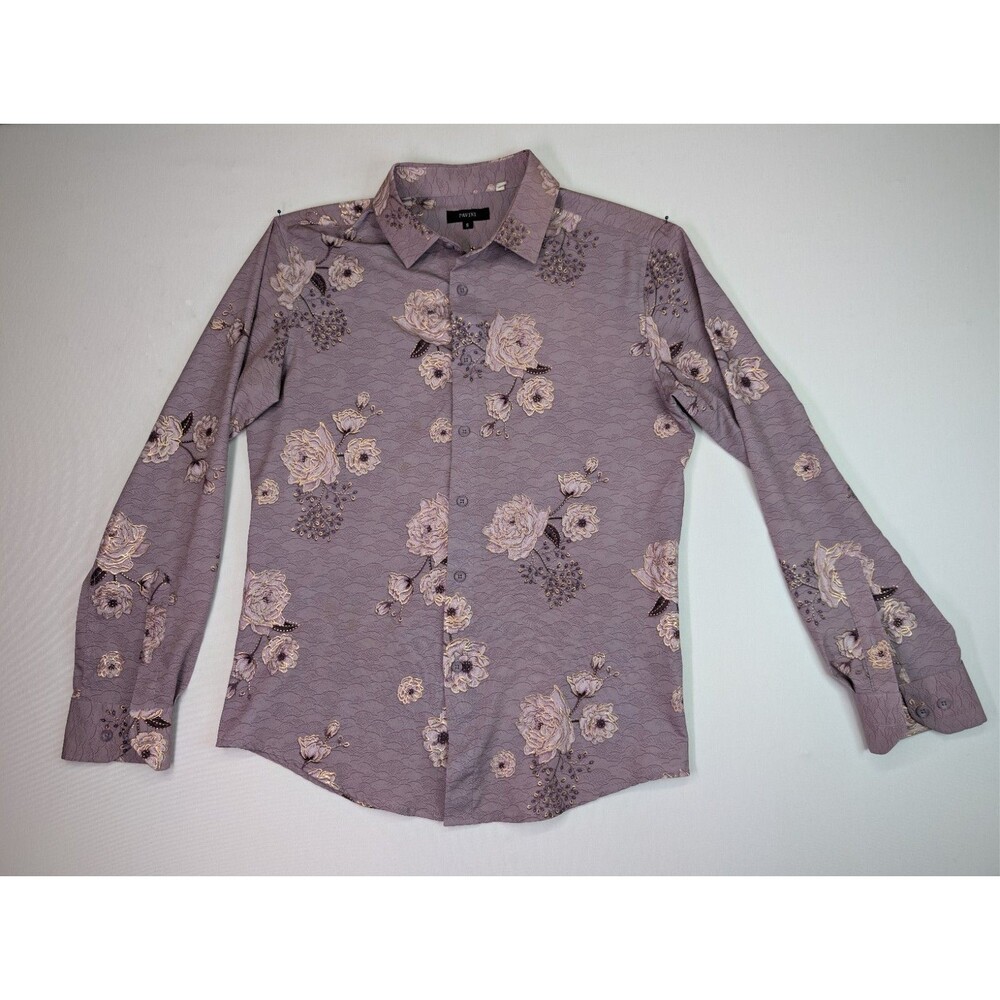 PAVINI Men Luxury Floral Dress Shirt Size S Small Purple Rose Long Sleeve...